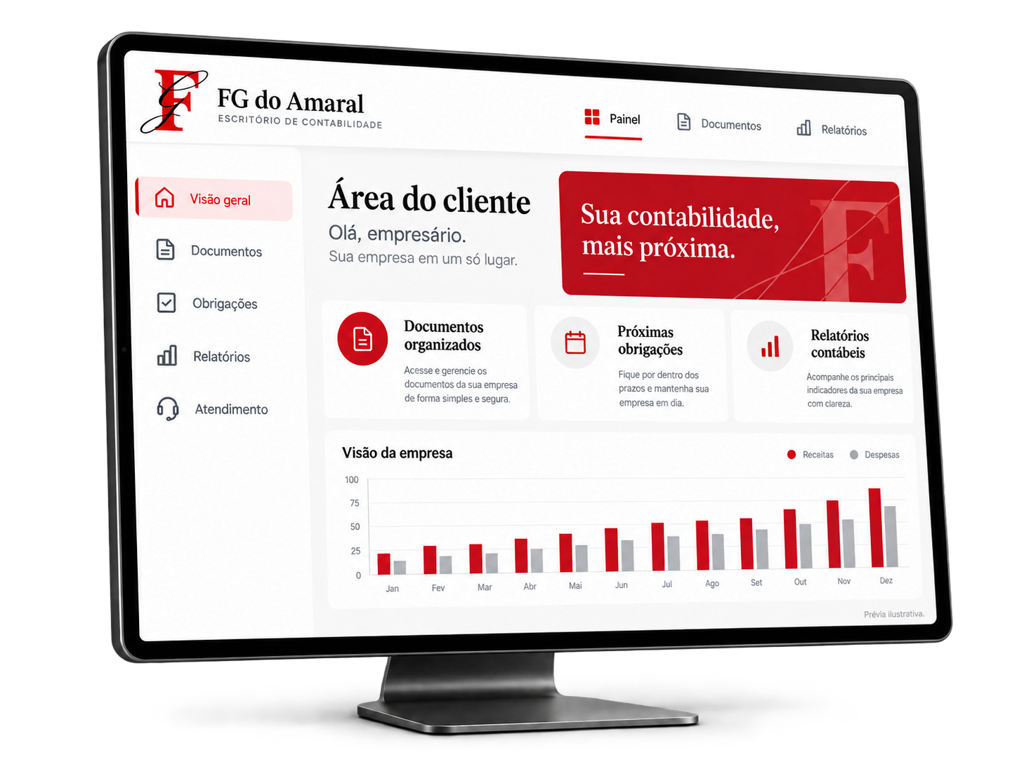 Mockup ilustrativo da área do cliente FG do Amaral em um monitor, com documentos, obrigações e relatórios.